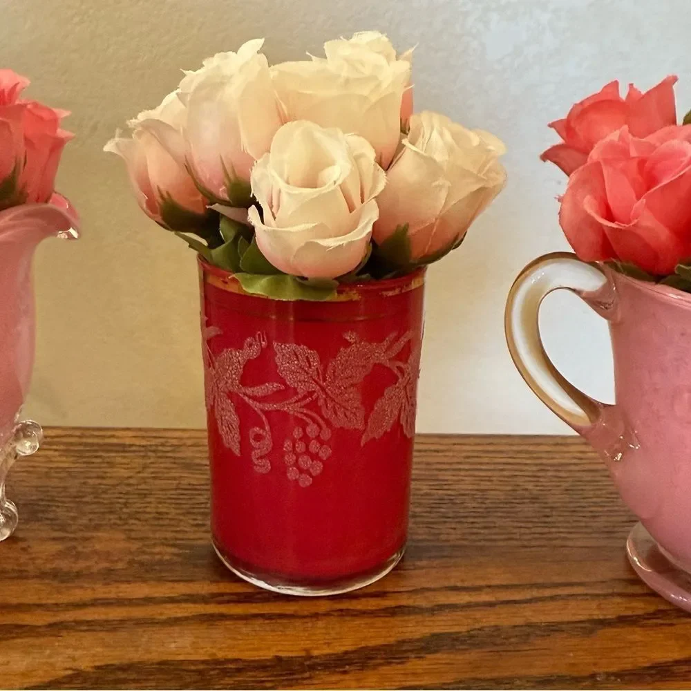 Vintage Pink Floral Bud Vase Set Hand Painted Cottagecore Shabby Chic 3 Pieces